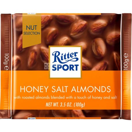 Ritter Sport, 100 г, Шоколад молочний, з медом, сіллю та мигдалем