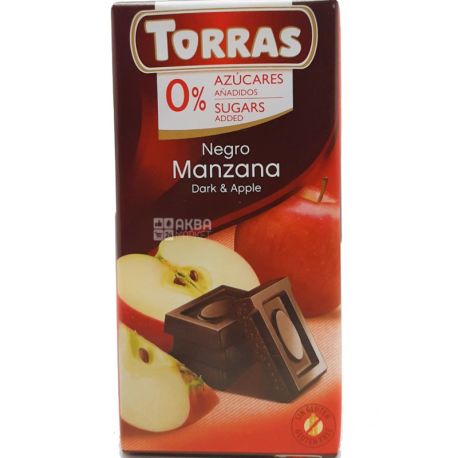 Torras negro, 75 г, Шоколад чорний, з яблуком, без цукру, 52%