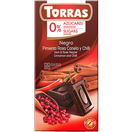 Torras negro, 75 г, Шоколад черный, с розовым перцем, корицей и перцем чили, без сахара, 52%