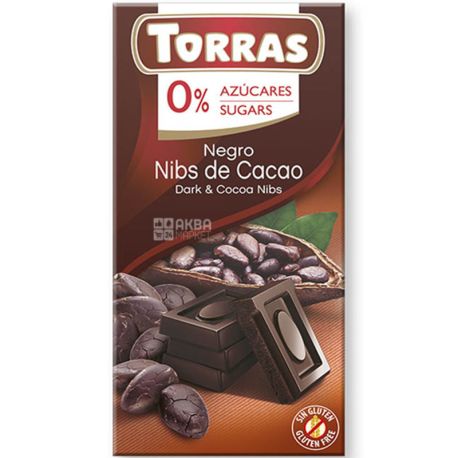 Torras negro, 75 г, Шоколад чорний, з какао бобами, без цукру, 52%