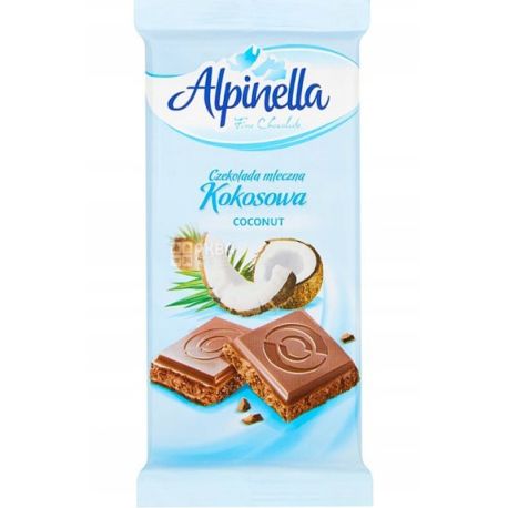 Alpinella, Coconut, 90 г, Молочний шоколад з кокосом