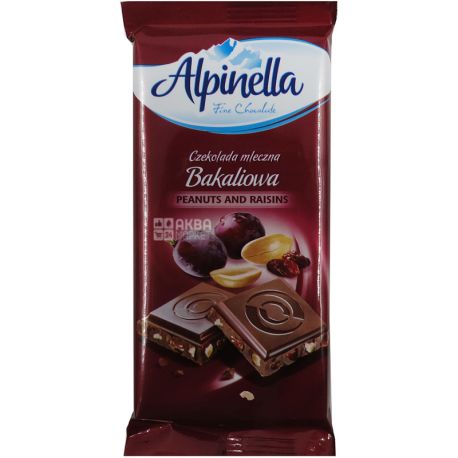 Alpinella, Peanuts and raisins, 90 г, Молочний шоколад з родзинками та арахісом