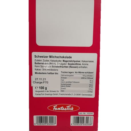 FantasTick, Greetings GmbH, 100 г, Шоколад молочный, ко Дню влюбленных, 30%