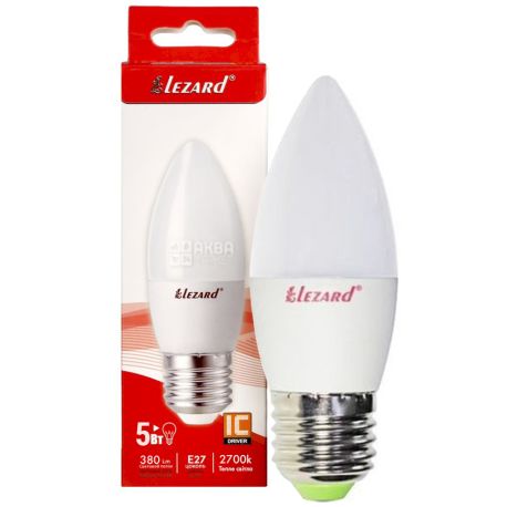 Lezard, LED CANDLE B35, Лампа світлодіодна свічка, цоколь E27, 5W, 2700K, 220V, тепле біле світіння, 380 Lm