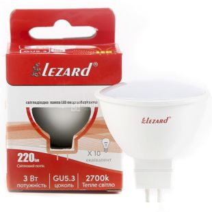Lezard, Лампа светодиодная, цоколь GU5.3, 3W, 2700K, теплое белое свечение, 240lm