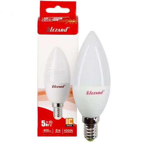 Lezard, LED CANDLE B35, Лампа светодиодная свеча, цоколь E14 , 5W, 4200K, 220V, нейтральное белое свечение, 360 Lm