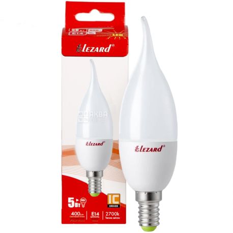 Lezard, LED CANDLE B35, Лампа світлодіодна свічка, цоколь E14, 5W, 2700K, 220V, тепле біле світіння, 360 Lm