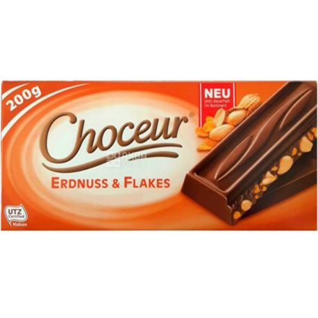 Choceur Erdnuss & Flakes, 200 г, Шоколад молочный, с арахисом и кукурузными хлопьями