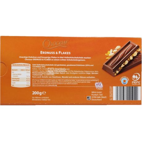 Choceur Erdnuss & Flakes, 200 г, Шоколад молочный, с арахисом и кукурузными хлопьями