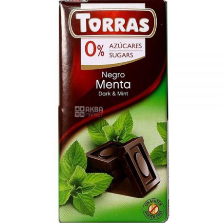 Torras Menta, Чорний шоколад без цукру з м'ятою, 75 г