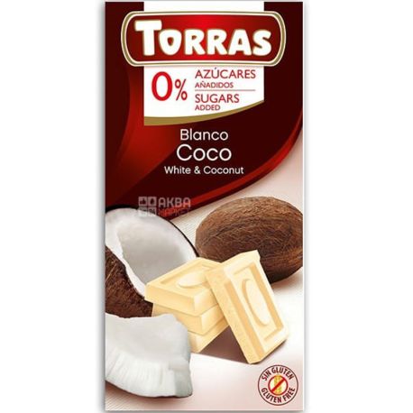 Torras Chocolate Blanco con Coco, Білий шоколад з кокосом, без цукру, 75 г