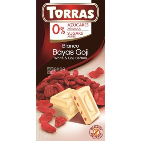 Torras Chocolate Blanco con Bayas Goji, Білий шоколад з ягодами годжі, без цукру, 75 г
