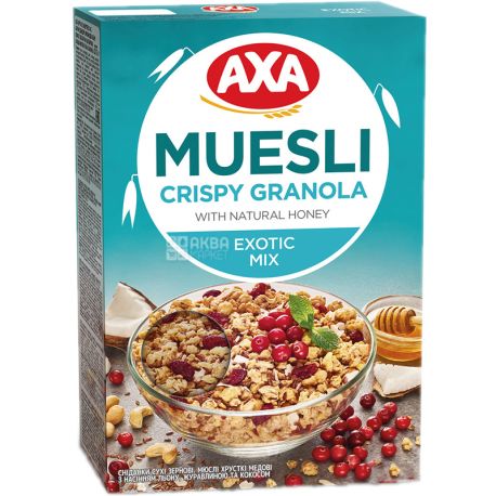 AXA, Crispy, Exotic Mix, 270 г, Мюсли Криспы, Экзотик Микс, медовые, кокос, клюква, семена льна, сухой завтрак, быстрого пригото