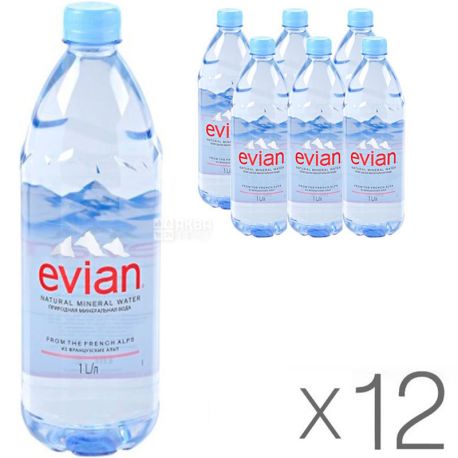 Evian, 1 л, Упаковка 12 шт., Евіан, Вода негазована, ПЕТ