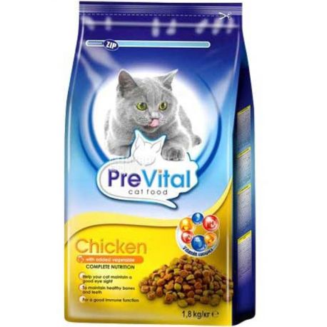 Food for cats with chicken and vegetables, dry, 1.8 kg, TM PreVital