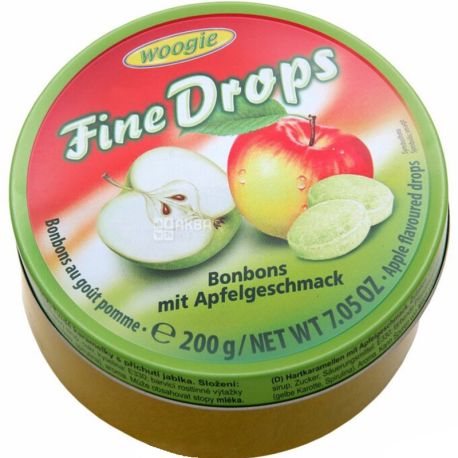 Woogie, Fine Drops, 200 г, Льодяники Яблуко, ж/б