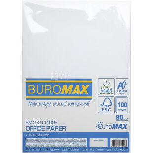  Buromax Euromax, 100 листов, Бумага офисная, белая, А4, класс С, 80 м/г2