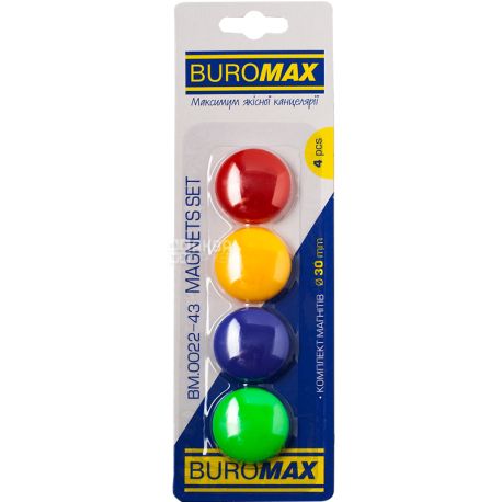 Buromax, 4 шт., Комплект цветных магнитов, 30 мм
