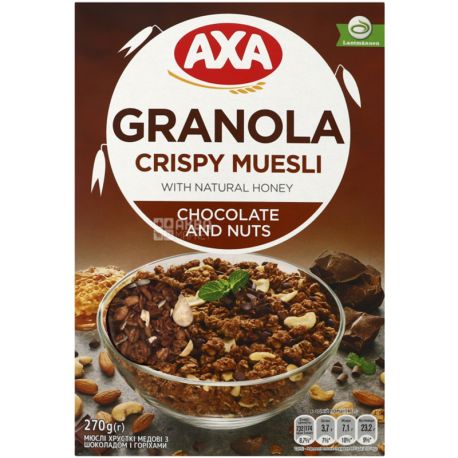AXA, 270 г, Мюсли медовые, с шоколадом и орехами, сухой завтрак, быстрого приготовления