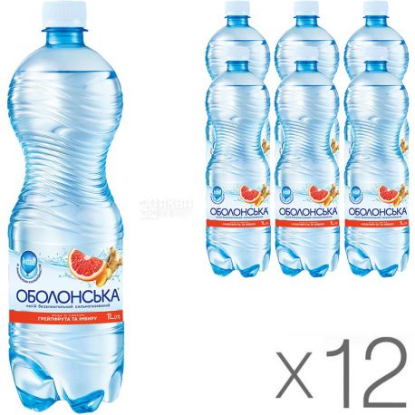 Оболонська, Упаковка 12 шт х 1 л, Вода со вкусом грейпфрута и имбиря, сильногазированная