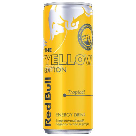 Red Bull Yellow Edition, Упаковка 24 шт. по 0,25 л Напиток энергетический Ред Булл со вкусом тропических фруктов