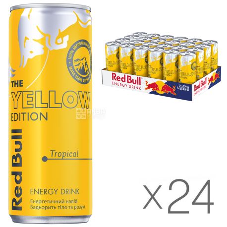 Red Bull Yellow Edition, Упаковка 24 шт. по 0,25 л Напиток энергетический Ред Булл со вкусом тропических фруктов