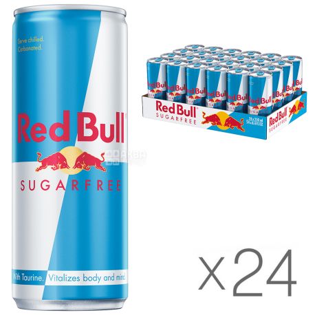 Red Bull Sugarfree, упаковка 24 шт. по 0,25 л, Напиток энергетический Ред Булл, без сахара
