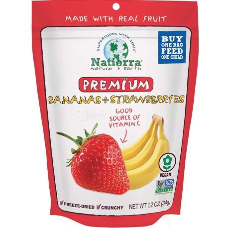 Natierra, Freeze-Dried Bananas and Strawberries, 34 г, Бананы и клубника сушеные