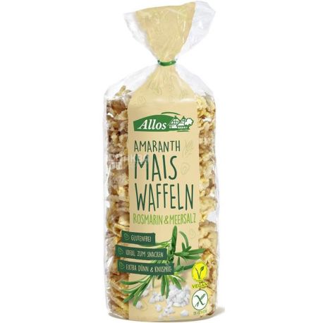 Allos, Amarant maiswafels, 100 г, Кукурузные вафли с розмарином и солью, органические