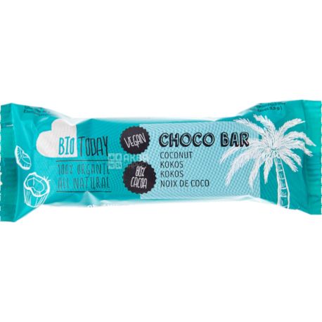 Bio Today, Choco Bar Coconut, 40 г, Батончик кокосовий, в темному шоколаді, веганський, органічний