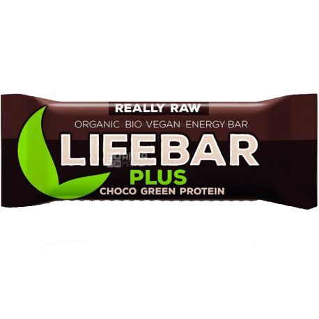 Lifefood, Lifebar Plus, Choco Green, 47 г, Батончик протеїновий зі спіруліною та насінням конопель