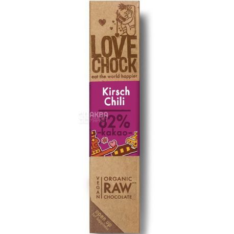 Lovechock, Kirsch & Chili, 40 g, Chocolate Cherry Bar - Chili, raw, organic
