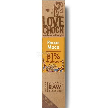 Lovechock, Pecan & Maca, 40 г, Батончик шоколадний сирий, Пекан-Мака, 81% какао, органічний