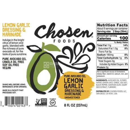 Chosen Foods, 236 мл, Дресинг і маринад з лимоном і часником