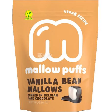 Baru Mallow Puffs Chocolate Vanilla, 100 г, Маршмелоу в черном шоколаде, ванильные, веганские