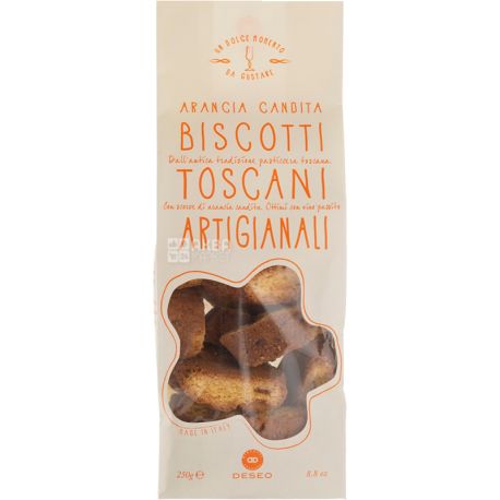 Deseo, Biscotti toscani Artigianali, 250 г, Печенье Кантуччини Тосканское с апельсиновыми цукатами