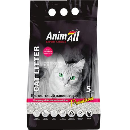 AnimAll, 5 л, Наповнювач для котячого туалету, бентонітовий, білий, без аромату, 4,2 кг