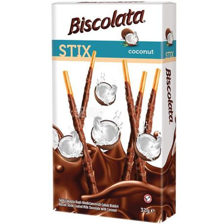 Biscolata, Stix Milky, 32 г, Соломка в молочном шоколаде с кокосом