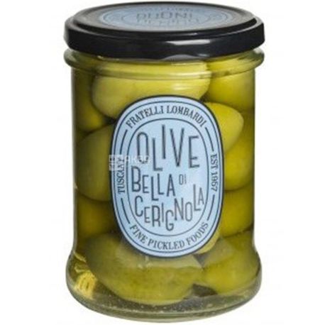Lombardi, Olive Bella di Cerignola, 290 г, Оливки зелені Белла ді Черіньєла, з кісточкою, в розсолі