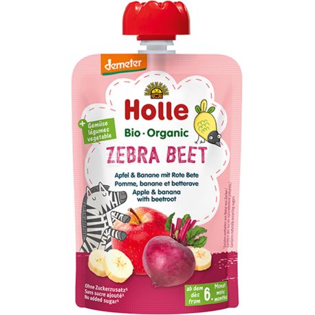 Holle Zebra beet, 100 г, Пюре дитяче органічне Яблуко-Банан-Буряк, з 6-ти місяців, скло