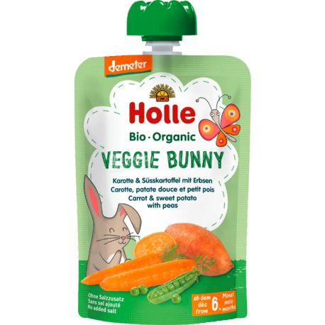 Holle, Veggie Bunny, 100 г, Пюре овочеве дитяче, з морквою, солодкою картоплею і горошком, з 6-ти місяців, органічне