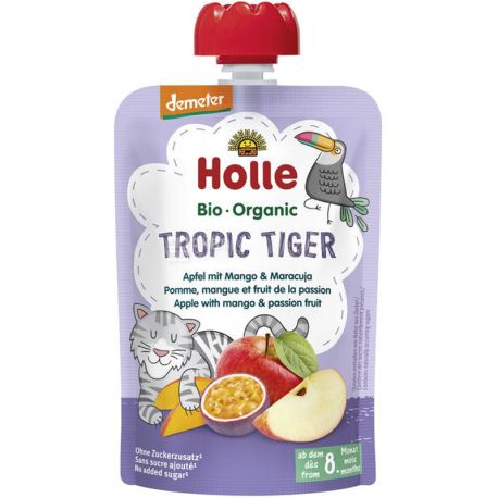 Holle, Tropic Tiger, 100 г, Пюре фруктове дитяче, з яблуком, манго і маракуєю, з 8-ми місяців, органічне