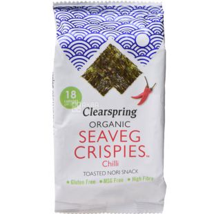 Clearspring, Seaveg Crispies Chilli, 4 г, Водоросли морские хрустящие с Чили, органические