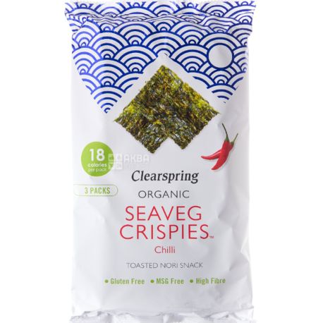 Clearspring, Seaveg Crispies Chilli, 3х4 г, Водорості морські хрусткі з Чилі, органічні