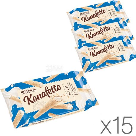 Roshen Konafetto Milk, 140 г, Упаковка 15 шт., Рошен, Вафельные трубочки с молочной начинкой