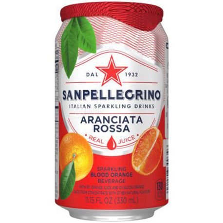 San Pellegrino, Aranciata Rossa, 0,33 л, Соковмісний сильногазований напій, Червоний апельсин