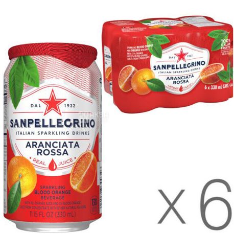 San Pellegrino, Aranciata Rossa, упаковка 6 шт. по 0,33 л, Лимонад со вкусом красного апельсина