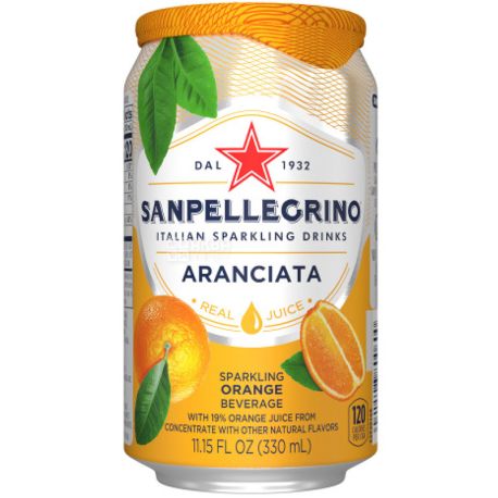 San Pellegrino, Aranciata, 0,33 л, Соковмісний сильногазований напій, Апельсин