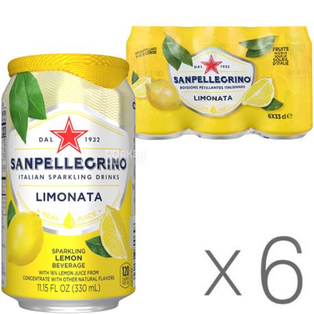 Sanpellegrino, Limonata, Pack of 6 0.33 L each, Lemonade with lemon flavor