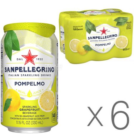 San Pellegrino, Pompelmo, Pack of 6 0.33 L each, Lemonade with yellow grapefruit flavor